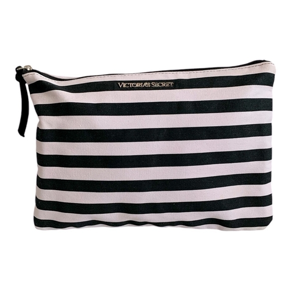 Victoria’s Secret Duffel Bag Black White Pink Stripe Canvas with Makeup Case - Picture 9 of 11